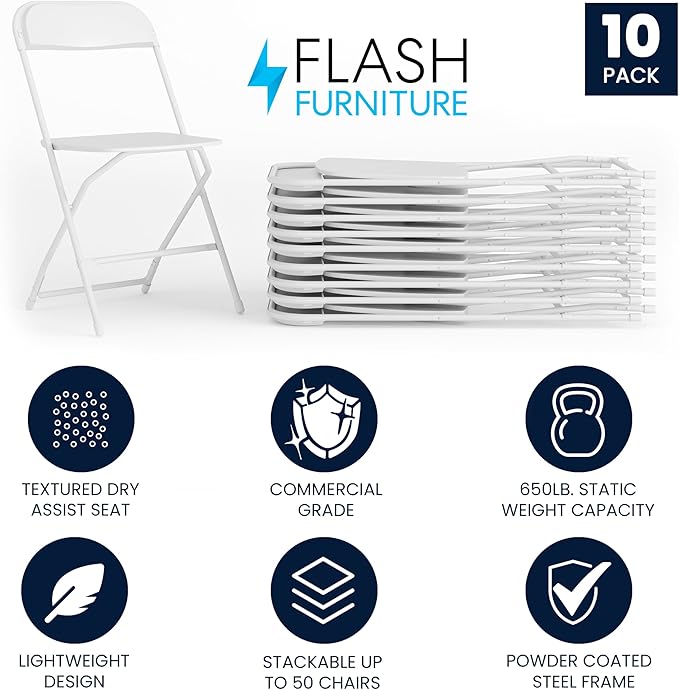 Flash Furniture Hercules Set of 10 Indoor/Outdoor Heavy-Duty Plastic Folding Chairs, Foldable Commercial Stacking Chairs with 650-lb. Static Weight Capacity, White FlashFurniture