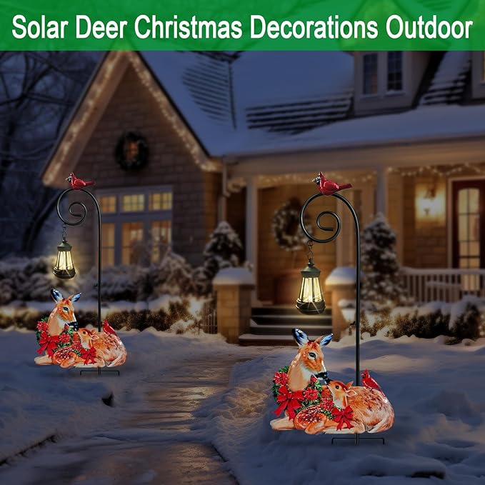 Deer Metal Garden Stake with Solar Lantern,Christmas Decorations Outdoor Waterproof Sloar Lights Outside,Doe and Fawn Outdoor Statue HokfirmHomeDecorGarden