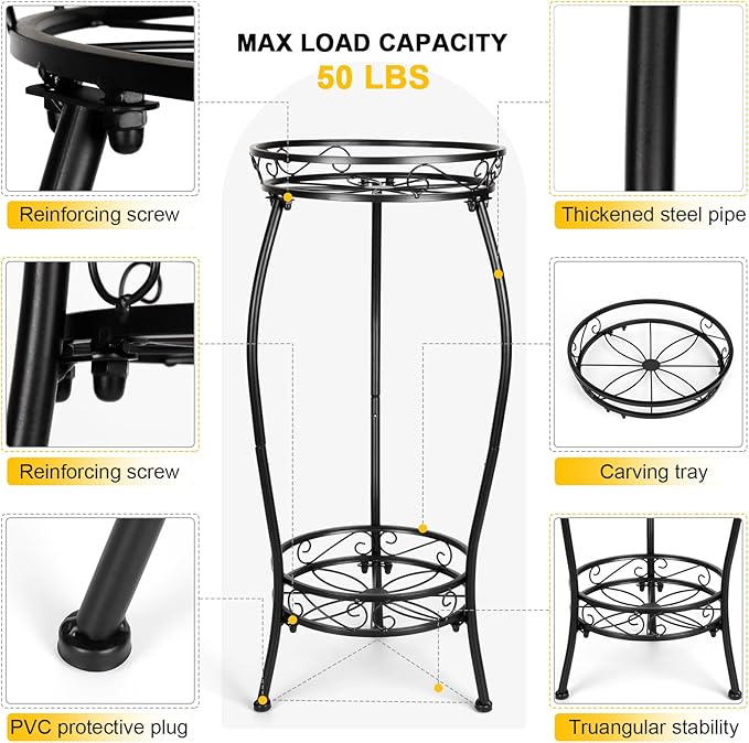 2 Tier Rustproof Iron Plant Stand - Heavy Duty Outdoor Plant Stands For Patio, Balcony Or Garden Or Planter Corner - Plant Stand Indoor (Black) Rootora