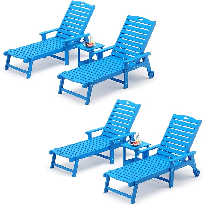 LUE BONA Chaise Lounge Chair with Table, 6-Piece, HDPS Chaise Lounger, 5 Positions Adjustable Lounge Chairs, Pool Lounge Chair with Wheels for Poolside, Backyard, Blue LUEBONA