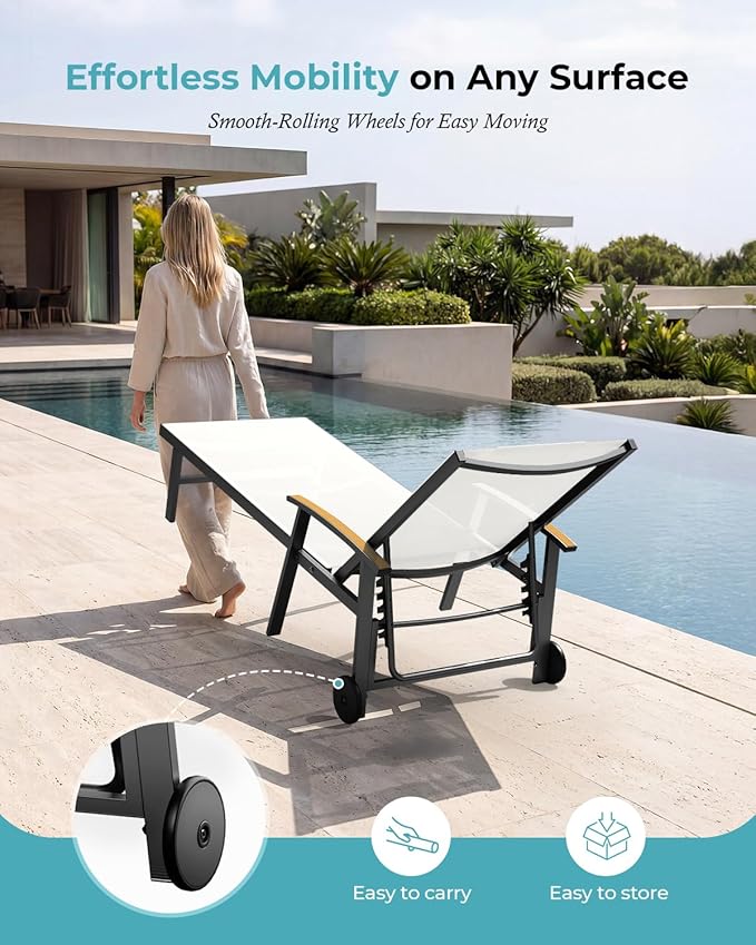 Ciokea Outdoor Lounge Chair with Pillow, 5-Position Aluminum Chaise Lounge with Wheels & Armrests, 400 lbs Heavy Duty Patio Pool Chair for Deck, Backyard, Beach & Poolside, White CIOKEA