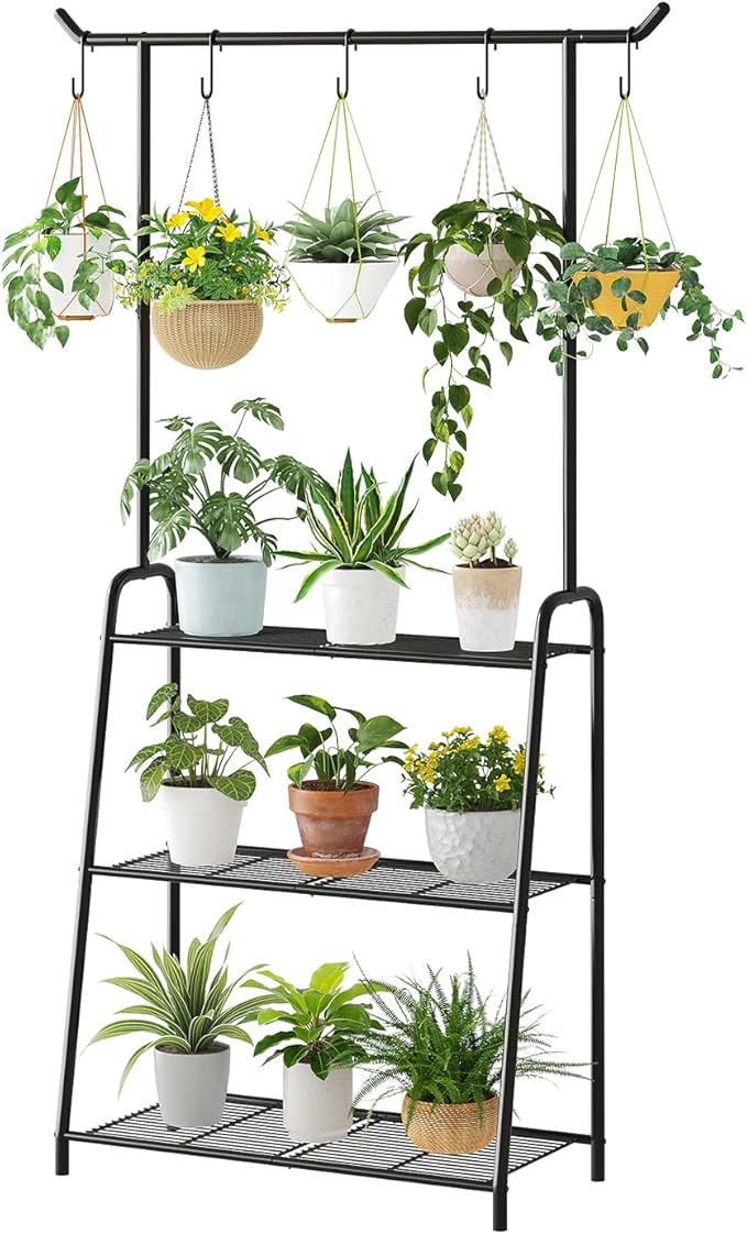 Plant Stand Indoor Outdoor,Metal Plant Stands for Multiple Plants,3 Tier Tall Hanging Plant Shelf,Large Heavy Duty Flower Holder Ladder Plant for Living Room, Patio, Balcony (Black) Kitsanery
