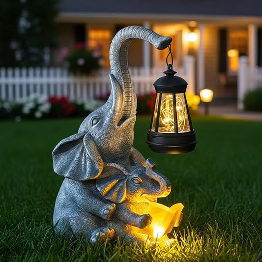 Solar Garden Statue Lights Loving Elephants Figurine with Solar Lantern, Outdoor Yard Decorations for Patio Porch Home, Housewarming Elephant Gifts for Mom, Women Candieslife