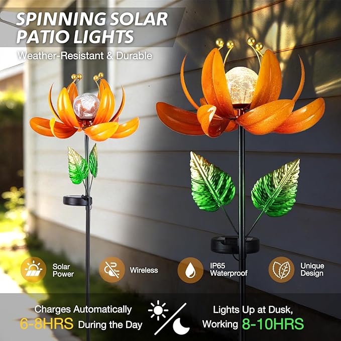 Outdoor Solar Lights Garden Decor,Wind Spinner Yard Decorations for Outside, Lotus Garden Windmill with LED Cracked Crystal Waterproof Flower Sculpture for Patio Lawn Gardening Gifts AIINY