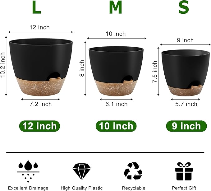 Plant Pots 12/10/9 Inch Self Watering Pots, Set of 3 Plastic Planters with Drainage Holes and Saucers,Plastic Flower Pots,Nursery Planting Pot for Indoor Out Door Plants(Black) QRRICA