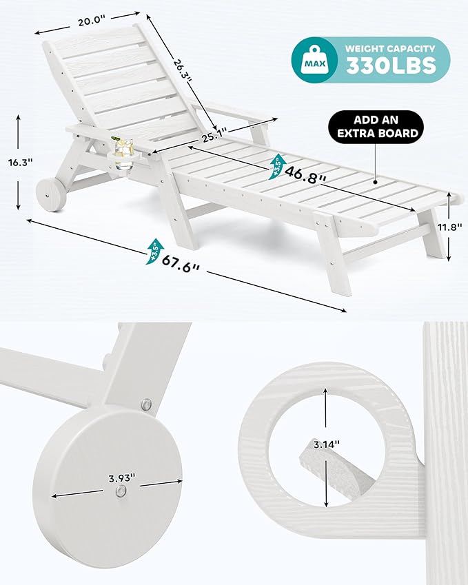 SERWALL Patio Chaise Lounge Chair Set of 6, 5 Positions Adjustable Poly Outdoor Lounger for Pool, HDPE Lounge Chair with Rolling Wheels & Cup Holder for Poolside, Deck, White SERWALL