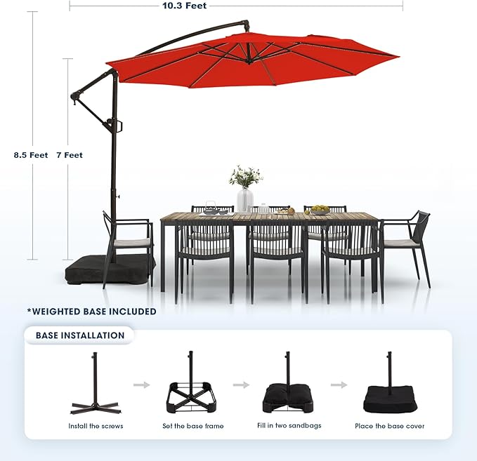 wikiwiki 10ft Patio Umbrella with Base Included, Outdoor Offset Cantilever Umbrella, Infinite Tilt, Crank and Cross Base, Light Red WikiwikiPatioUmbrellas
