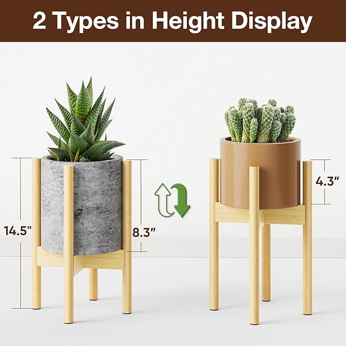 MUDEELA Plant Stand for Indoor Plants: Adjustable Width Fits 8-12 Inch Pots - Mid-century Modern Bamboo Plant Stand - 14.5 Inch Single Tier Small Floor Plant Holder, Natural, 2 Pack (Without Pot) MUDEELA
