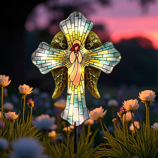 Solar Cross Garden Stake Lights for Outdoor Garden,Cemetery,and Yard Decor,Angel Wings Cross Solar Christmas Lights Outdoor,Memorial Gifts Angel HokfirmHomeDecorGarden