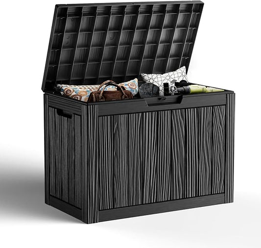 45 Gallon Outdoor Storage Box, Weather Resistant & Waterproof Resin Deck Box with UV Protection, Rattan Black Patio Storage Cabinet for Garden, Patio, Porch, Poolside(Black) KFY