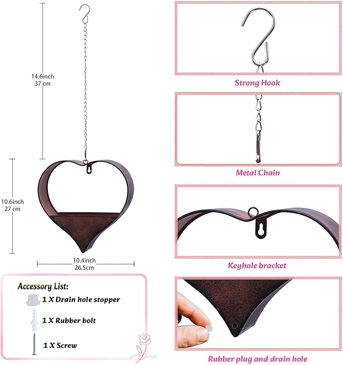 Metal Plant Hangers Indoor and Outdoor: Easter Gifts for Mom Women Her Wife Garden Lovers Birthday - Heart Shape Hanging Planters for Window Wall Living Room Office Decor(Rustic) Philodwell