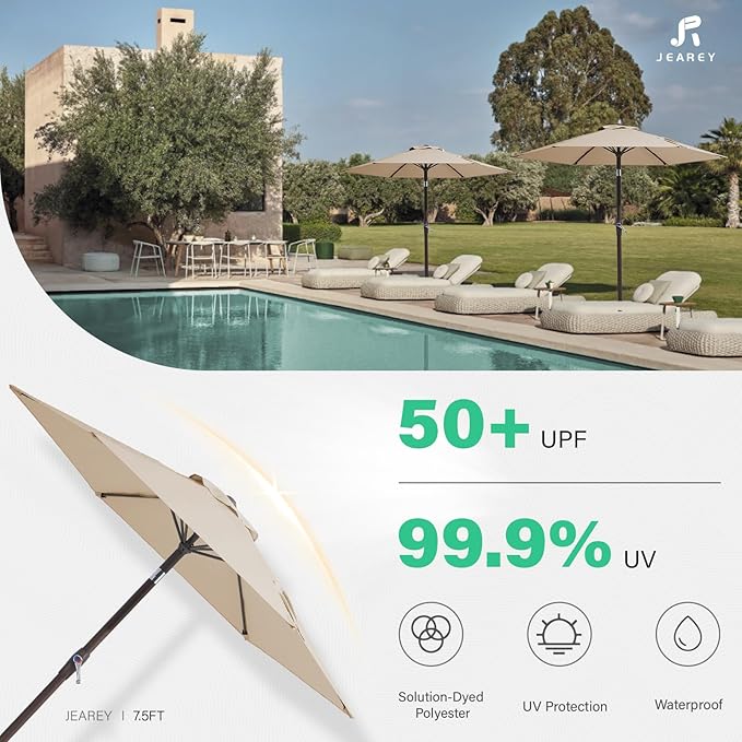 JEAREY 7.5FT Patio Umbrella Outdoor Market Umbrella with 6 Sturdy Ribs, Push Button Tilt/Crank Table Umbrella for Garden, Deck, Backyard and Pool, Beige JEAREYOutdoorsCollection