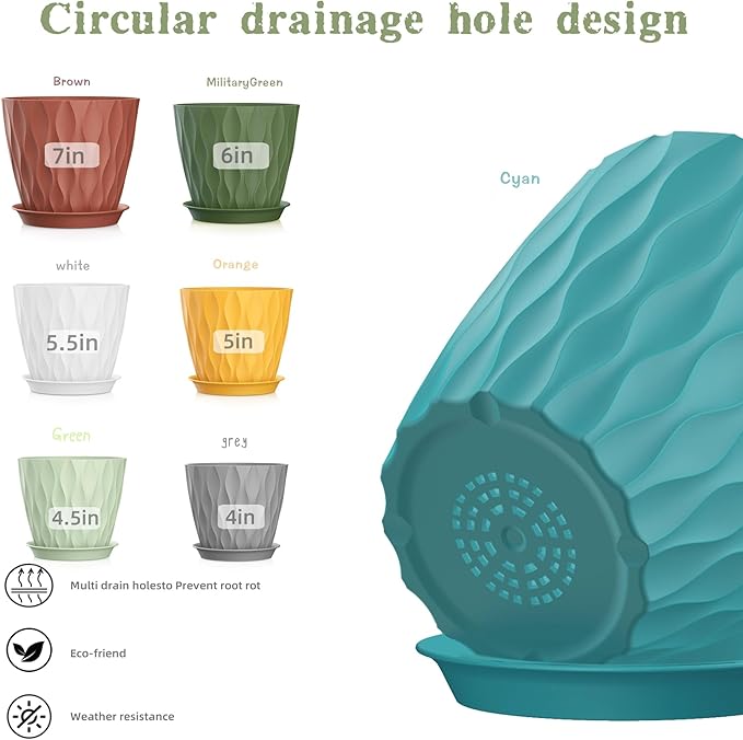 4/4.5/5/5.5/6/6.5/7 Inch Plant Pots,7 Pack Flower Pots with Drainage Holes and Trays,Plastic Planters for Indoor Outdoor Plants Growth,Multicolor SQKH