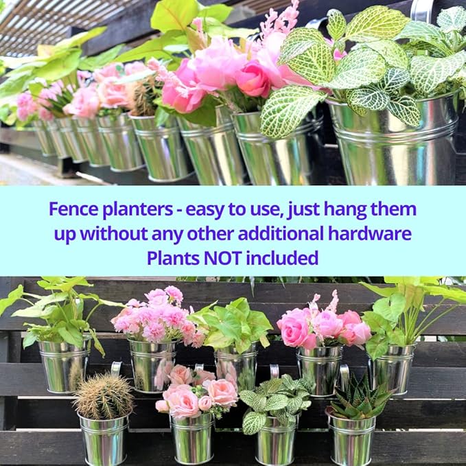 LaLaGreen Fence Planters for Outdoor Plants (10 Pack, 4 Inch) Balcony Planter Railing Hanging, Small Silver Metal Flower Pot Rail Wall Cute Farmhouse Garden Rustic Deck Porch Window Box Bucket Decor L%C3%A1L%C3%A1Green