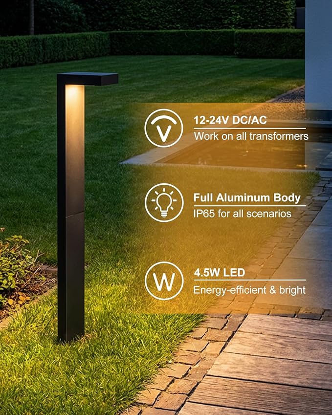 Low Voltage Landscape Lights, 2 Pack Outdoor LED Pathway Light, Wired Path Lighting for Walkway, Garden, IP65 Waterproof, 400LM, 4000K, Modern Cast-Aluminum, Black Lawyettle