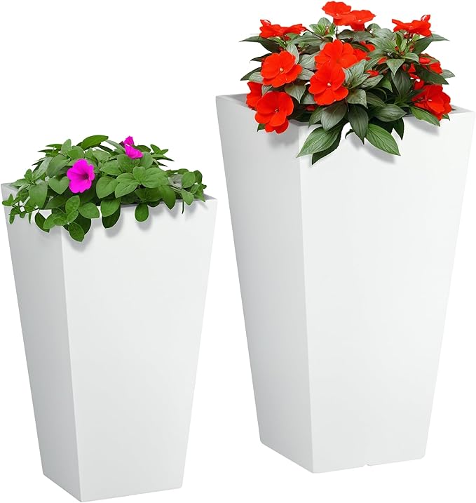 Outsunny 2-Pack Outdoor Planter Set, Flower Pots with Drainage Holes, Durable & Stackable Plant Pot, 22in & 18in, for Porch, Entryway, Patio, Yard, Garden, White Outsunny