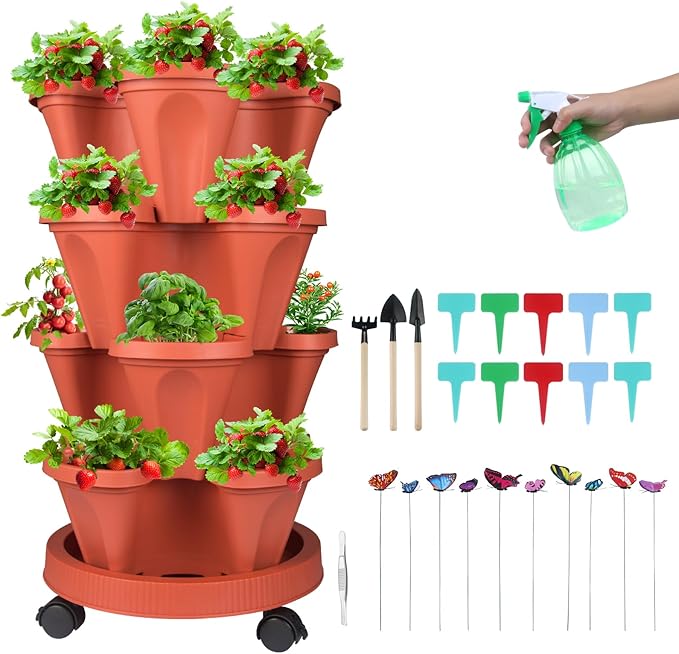 Vertical Planter 4 Tier Stackable Planters Garden Planters Strawberry Herb Flower and Vegetable Planter Indoor Outdoor Gardening Pots with Removable Wheels and Tools GameXcel