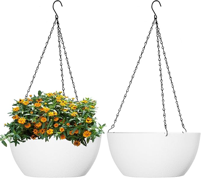 10 inch Hanging Planters for Outdoor Indoor Plants with Drainage Holes and Chain, 2 Pack Round Hanging Flower Plant Pots for Garden Home Porch Decor, White WSMKSZ
