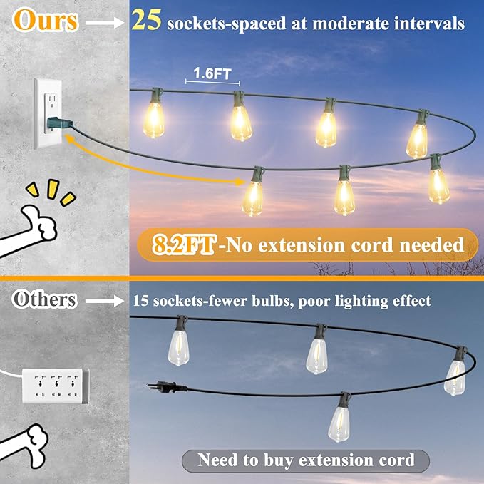 Brightever 50FT Outdoor String Lights Waterproof, 2700K Bright LED Patio Lights with 27 ST38 Shatterproof Vintage Bulbs, Retro Edison String Lights for Outside, Garden, Christmas Decor, Green Wire Brightever