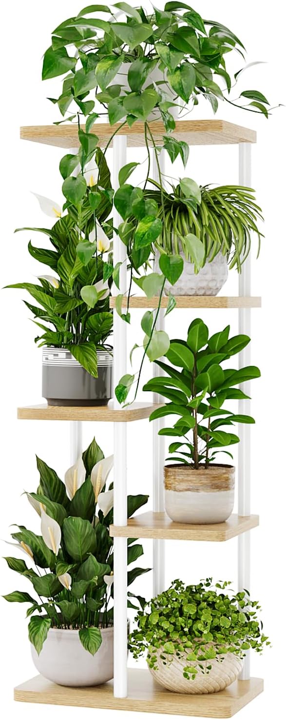 Bamworld Corner Plant Stand Indoor 5 Tier white Plant Shelf for Multiple Plants, Tiered Flower Pot Stands for Patio Garden Balcony Living Room Bedroom, White Bamworld