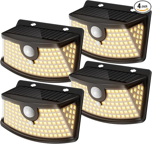 Aootek New Solar Motion Sensor Lights 120 LEDs with Lights Reflector,270° Wide Angle, IP65 Waterproof, Step Lights for Front Door, Yard, Garage, Deck (Black, Warm White, 4-Pack) Lightupeveryconer