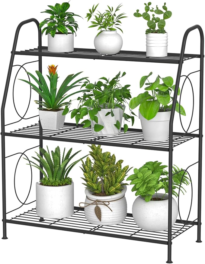 Plant Stand, 3 Tier Plant Shelf for Indoor Outdoor, Heavy Duty Metal Outdoor Plant Stand Holder Rack for Living Room Balcony and Garden, Iron Wire, Black VyGrow