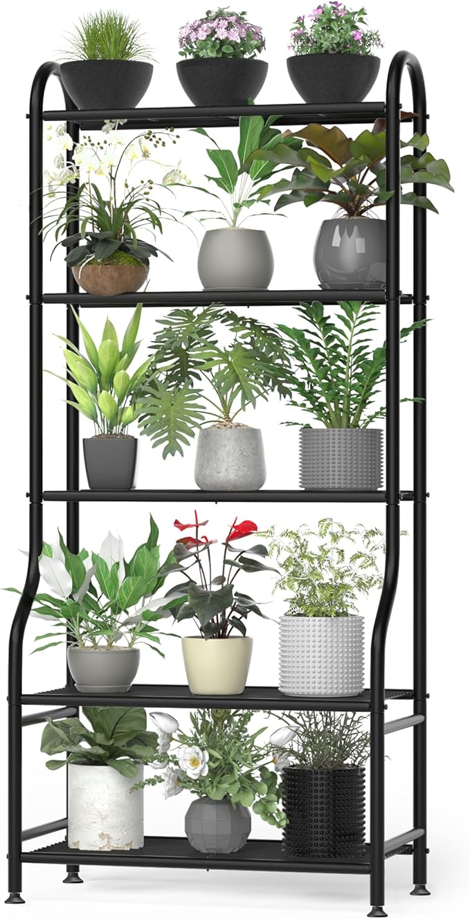 5-Tier Metal Plant Stand Indoor Outdoor, Waterproof Flower Stand for Multiple Pots, Heavy Duty Plant Stands for Living Room Patio Garden Decor, Tall Plant Shelf with Leveling Feet, Black Yutrchey