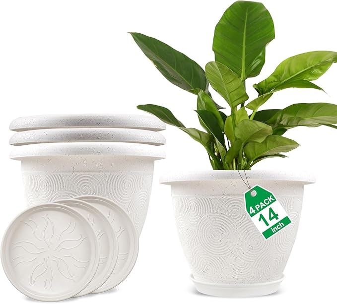 Plastic Flower Pots Planters For Indoor Plants, 4 Pack 14 Inch White Plant Pots With Drainage Hole & Tray, Modern Decorative Large Plant Pot With Saucer For Indoor Outdoor Plants Garden House Planter Fodetyff