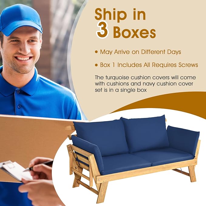 Tangkula Acacia Wood Patio Convertible Couch Sofa Bed with Adjustable Armrest, Outdoor Daybed with Cushion & Pillow, Turquoise & Navy Cushion Cover Sets, Folding Chaise Lounge Bench Ideal for Porch TANGKULA