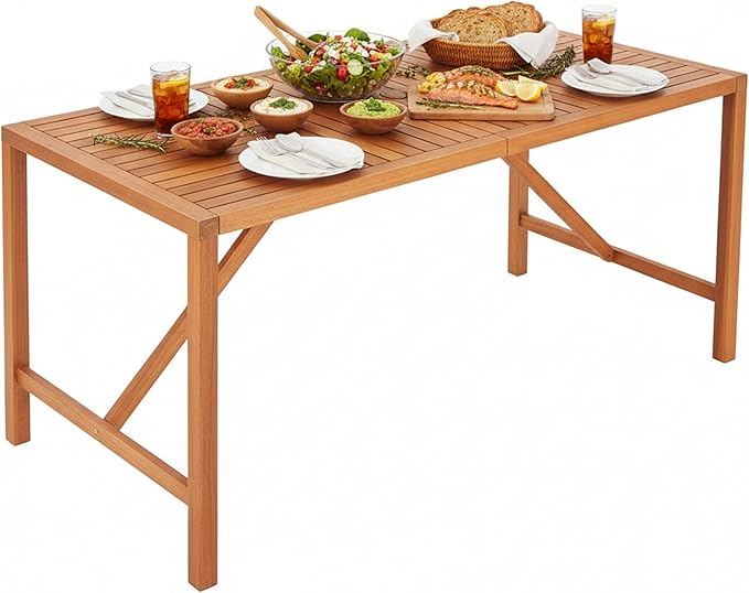 Tangkula 55" Acacia Wood Outdoor Dining Table for 4-6 Person, Rectangular Patio Dining Table with 2" Umbrella Hole and Support Bars, Indoor Outdoor Dining Furniture for Deck, Garden, Poolside & Yard TANGKULA