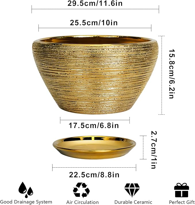 Ceramic Planter 11 Inch - Indoor Plant Pot with Drainage Hole and Saucer Large Planter for Outdoor Plants Mid-Century Decorative Flower Pot for Home Decor Gold Ceramicfor