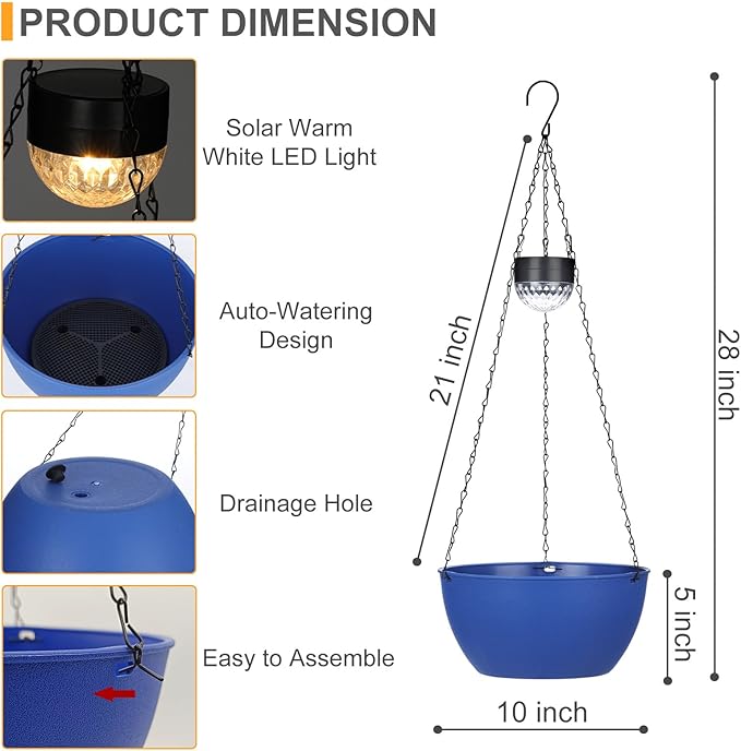 SUNNYPARK 2 Packs Hanging Planters Basket for Outdoor Plants, Solar Powered Self Watering Blue Round Plastic Flower Pots with Drainer for Balcony Patio Garden Outdoor Decoration SUNNYPARK