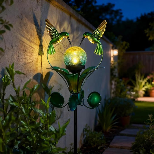 Solar Lights Outdoor Metal Garden Stake Waterproof Crackle Glass Globe Garden Decor Green Hummingbird for Pathway, Lawn, Patio, Yard VCUTEKA