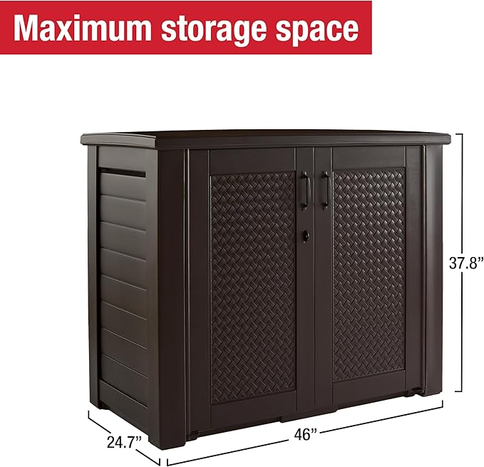 Rubbermaid Decorative Outdoor Storage Cabinet (123 Gal) Weather Resistant Dark Brown Organization for Home/Backyard/Pool Chemicals/Toys/Garden Tools/Porch/Patio Cushions Rubbermaid