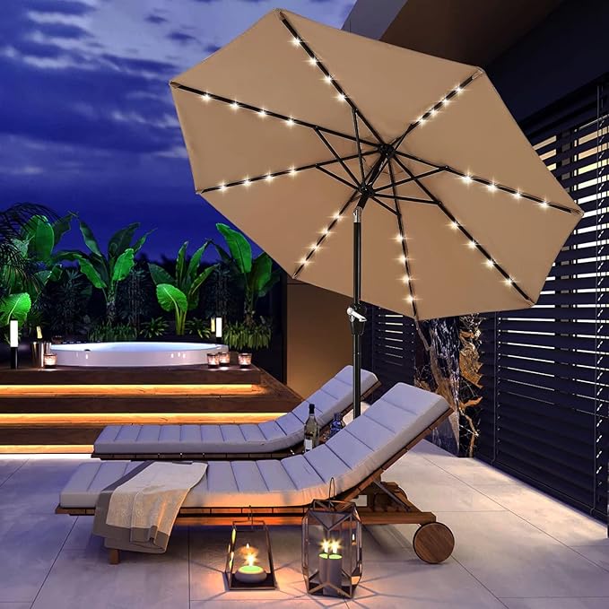 ABCCANOPY Durable Solar Led Patio Umbrellas with 32LED Lights 9FT (khaki) ABCCANOPY