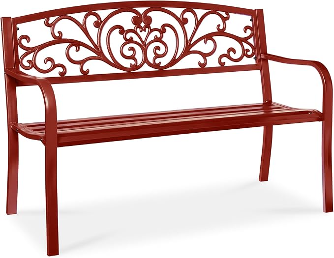 Best Choice Products Outdoor Bench Steel Garden Patio Porch Furniture for Lawn, Park, Deck w/Floral Design Backrest, Slatted Seat - Rust BestChoiceProducts