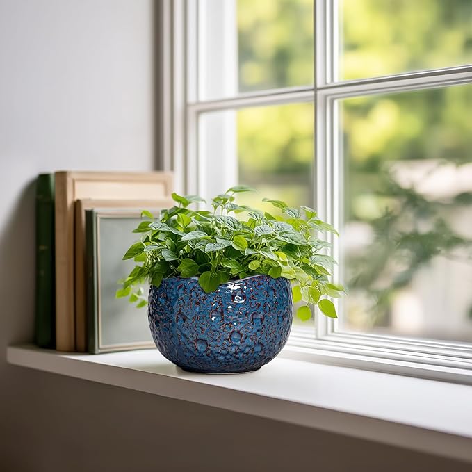 6 Inch Plant Pot - Ceramic Pots for Plants with Drainage Hole, Round Orchid Pot, Unique Planter for Indoor Outdoor, Modern Decorative Flower Pots, Room Decor, Plant Lovers Gifts, Retro Blue Thirtypot