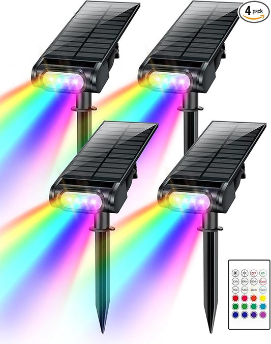 RGB Christmas Solar Spot Lights Outdoor, 12 RGB Color Modes Landscape Light Waterproof IP67 with Remote Control, 2-in-1 Color Changing RGB/Cool/Warm White for Yard Garden Christmas 4 Pack Brthera