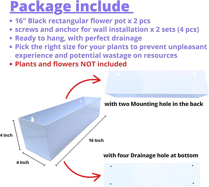 LaLaGreen Wall Planter (16 Inch, 2 Pack) Carbon Steel White Metal Hanging Flower Pot for Succulents, Wall Mount Rectangular Window Sill Box Fence Floating Garden Shelf for Deck Indoor Outdoor Decor L%C3%A1L%C3%A1Green