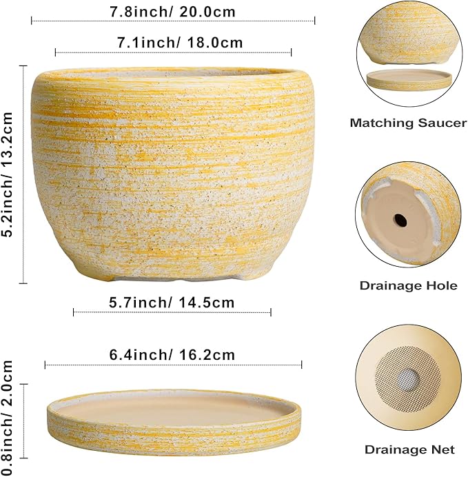 SQOWL Ceramic Flower Pots - 8 inch Plant Pot Indoor with Drainage Hole and Saucer, Modern Ceramic Planter Outdoor, Round Decorative Planter, Living Room Home Decor, Gifts for Plant Lovers, Yellow SQOWL