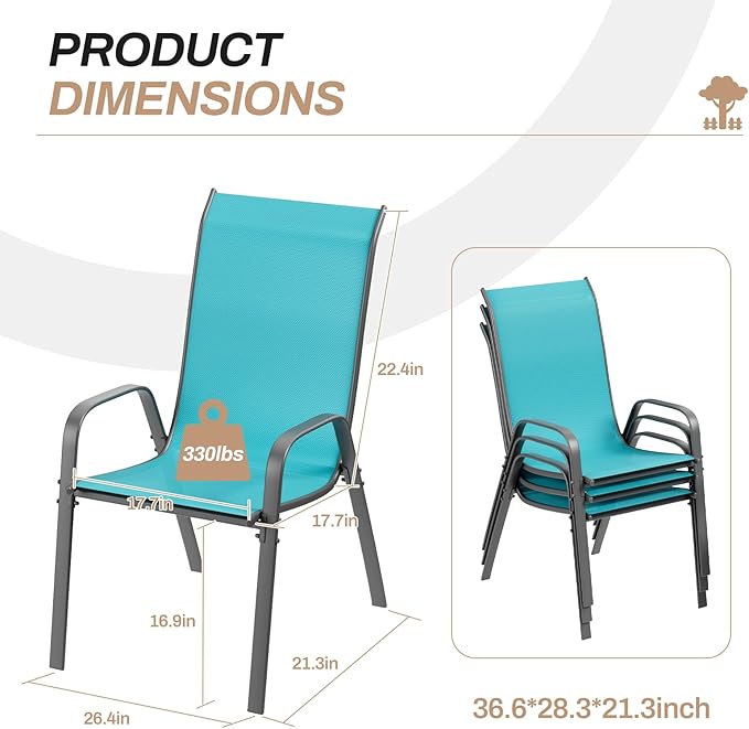 TLSUNNY Patio Chairs, Stackable Textilene Outdoor Dining Furniture for All Weather, with 17.7″ Wide Seat & Metal Frame, for Garden, Backyard, Deck, Restaurant, Poolside (8, Turquoise Blue, 26.4″) TLSUNNY