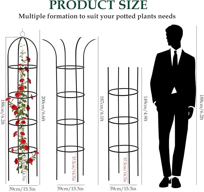 100% Metal Garden Obelisk Trellis for Climbing Plants Outdoor, 6.6ft Tall Metal Plant Support with Garden Twist Tie for Tomato Cucumber Pea Ivy Vines Rose Clematis Potted Plant Trellis 1 Pack WellSign