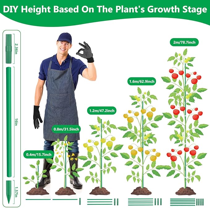 Lezmarket 150 Pack Garden Stakes(16" Each), Plant Support Stakes, DIY 4ft 5ft 6ft 7ft Sturdy Fiberglass Plant Sticks Support Garden Trellis for Growing Climbing Tomato Vegetables Flowers Lezmarket