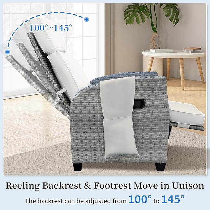 Outdoor Wicker Recliner Chair, 145° Patio Lounge Chair with 4" Cushion, Adjustable Backrest & Footrest, Flip-up Table & Side Pocket for Backyard, Deck, Balcony, Terrace, Poolside Rootora