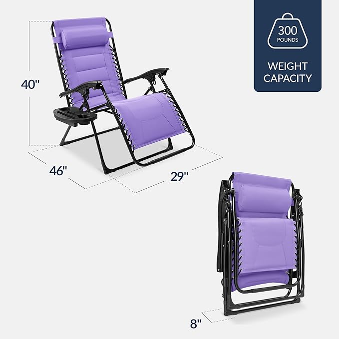 Best Choice Products Oversized Padded Zero Gravity Chair, Folding Outdoor Patio Recliner, XL Anti Gravity Lounger for Backyard w/Headrest, Cup Holder, Side Tray, Polyester Mesh - Violet BestChoiceProducts