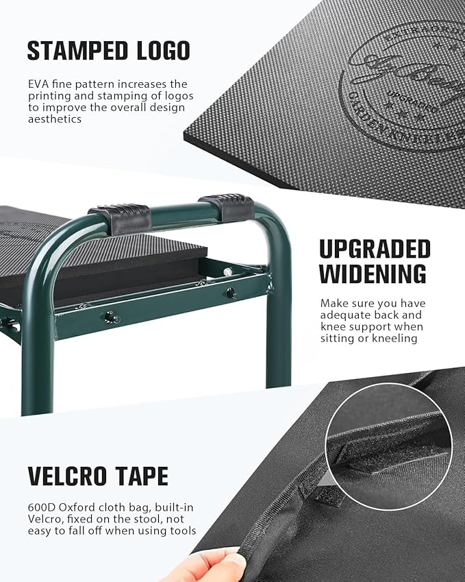 Garden Kneeler and Seat Heavy Duty, Upgraded Foldable Gardening Stool - Widened to 10" Stable Wear-resistant Prevent Knee and Back Pain, Beautiful Logo high-end 2 Large Tool Bags Gift for Women AZBestPro