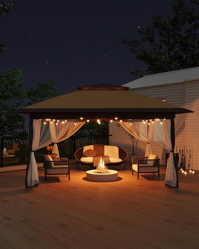 Canopy Tent 12x12 ft, Pop Up Gazebo One-Push Setup with 4 SandBags for Backyard Parties and BBQs, Mosquito Netting & Height Adjustable - Khaki & Coffee GarveeLife