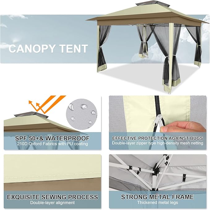 COBIZI 12x12 Pop up Gazebo on Clearance with Mosquito Netting & Sandbags, Outdoor Canopy Tent with 4 Ropes 8 Stakes & Portable Carrying Bag, Patio Portable Gazebo for Garden Backyard & Lawn, Beige COBIZI