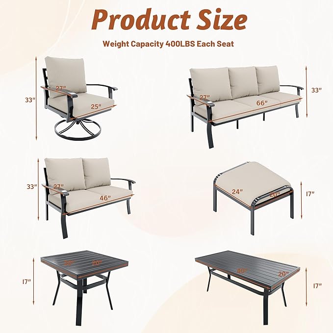 HOMREST Outdoor Couch Aluminum Patio Furniture Sofa, 3-Seat All-Weather Metal Outdoor Patio Furniture with Cushions, Beige HOMREST