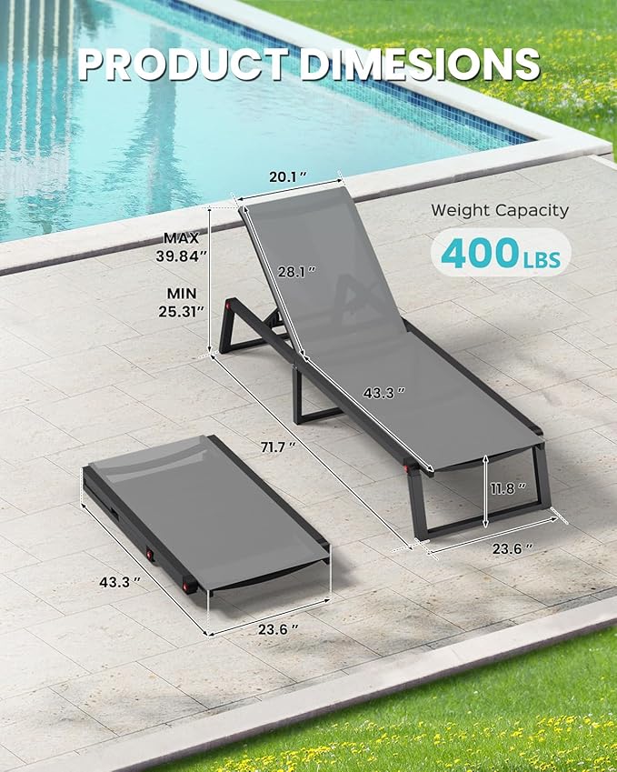 Aluminum Pool Lounge Chairs Set of 2 with 1 Side Table, Foldable Outdoor Chaise Lounge 5-Position Lounge Chirs for Outside Poolside, Fully Grounded Legs Sun Lounger for Beach, Yard, Dark Grey Oasbira